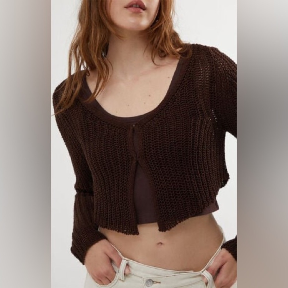 L. A. Hearts Chocolate Brown Downtown Girl Knit Crochet Crop Cardigan Size Small